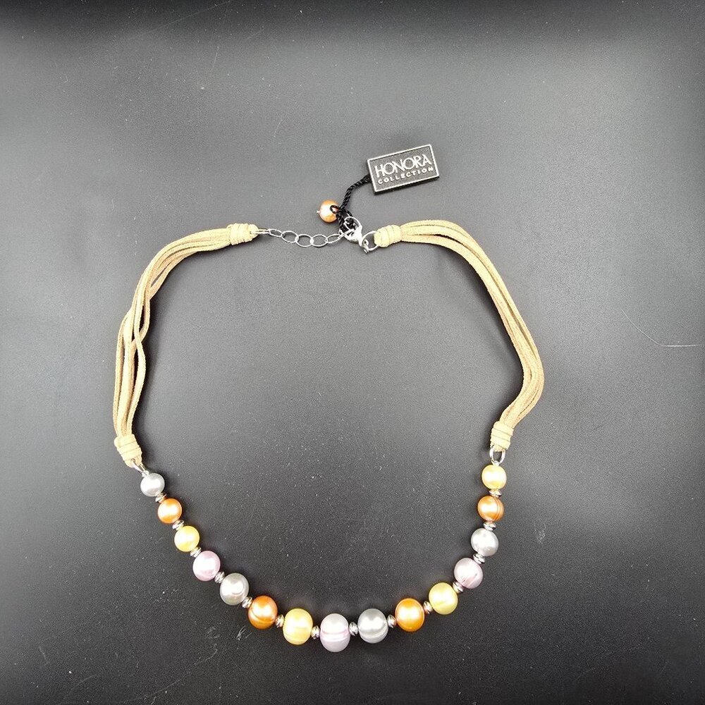 NWT Honora Multi-Color Cultured Pearl Necklace Tan Cord Adjustable Box & Bag - Picture 3 of 10